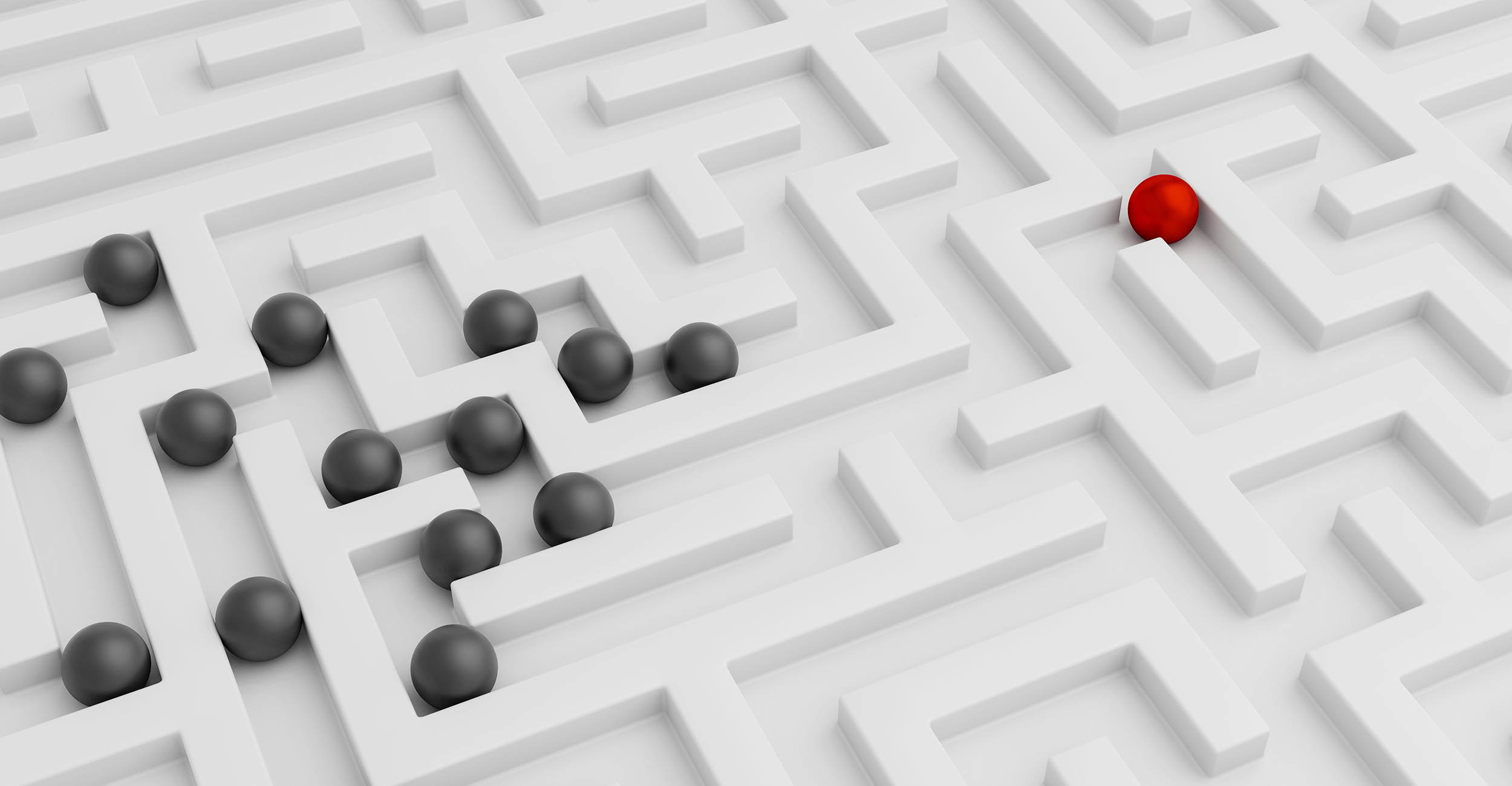Red and black balls in white maze